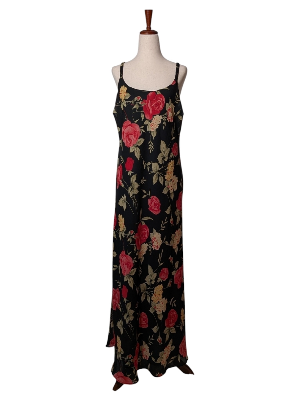 Vintage 90s Slip Dress- Black And Red Rose Floral Maxi Maxi Dress